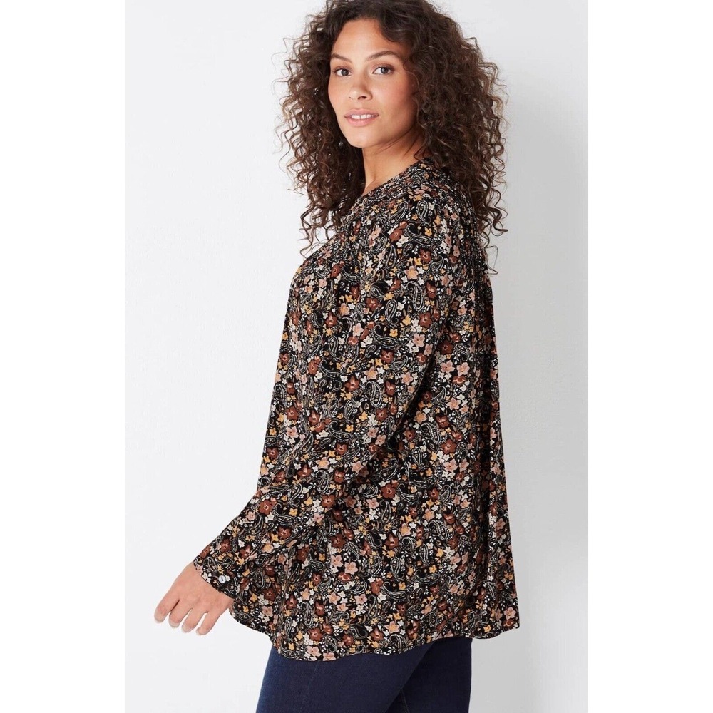 J. Jill Womens Floral Paisley Smocked Long Sleeve Blouse Black Brown Petite S - Picture 10 of 12